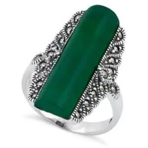 Sterling Silver Green Agate Tall Marcasite Ring New Size 8 New